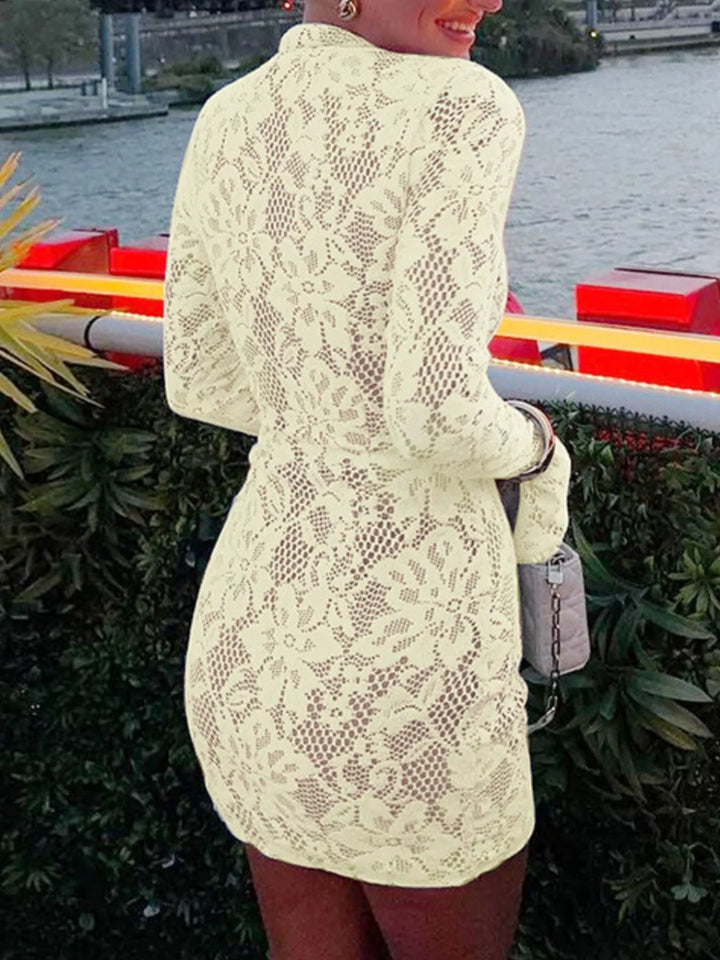 Yellow mini dress worn on a model, showing the keyhole front