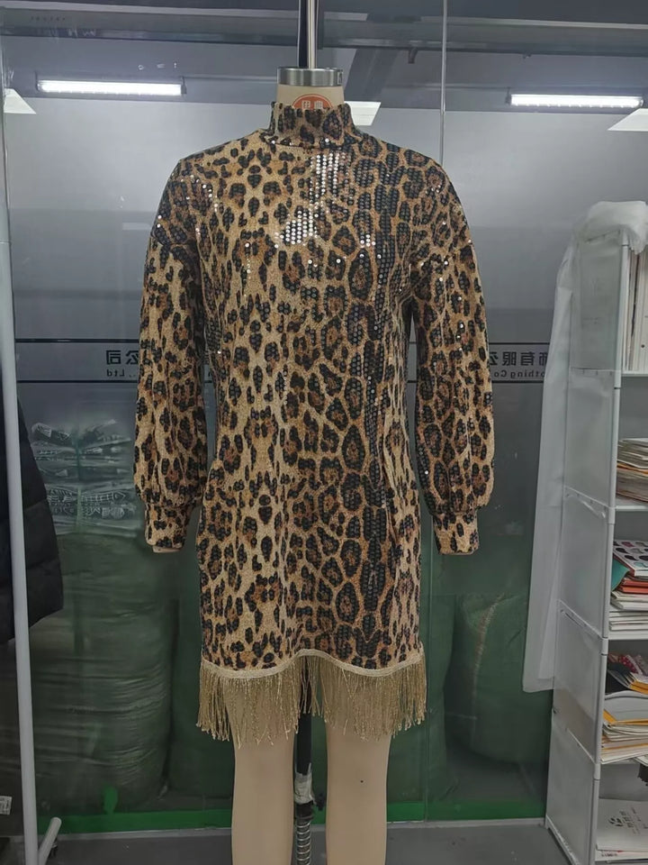 Leopard mini dress shown flat with leopard sequins