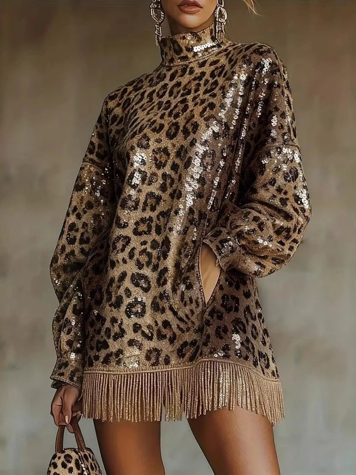 Women's mini dress in leopard, leopard sequin fringe long sleeve mini