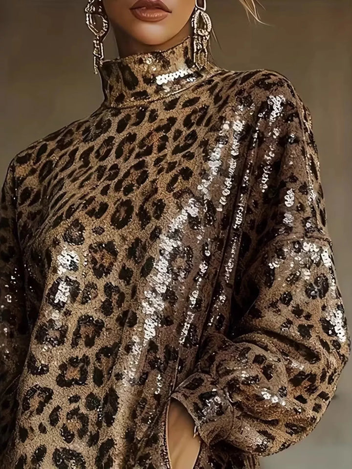 Leopard mini dress worn on a model, showing the leopard sequins