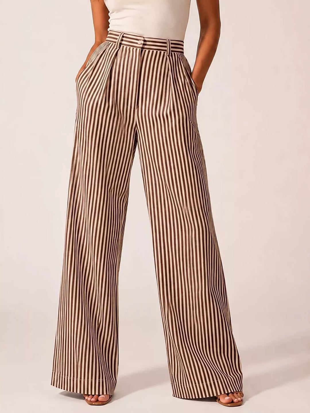 Brown pinstripe wide leg pants with pleats, standing front view