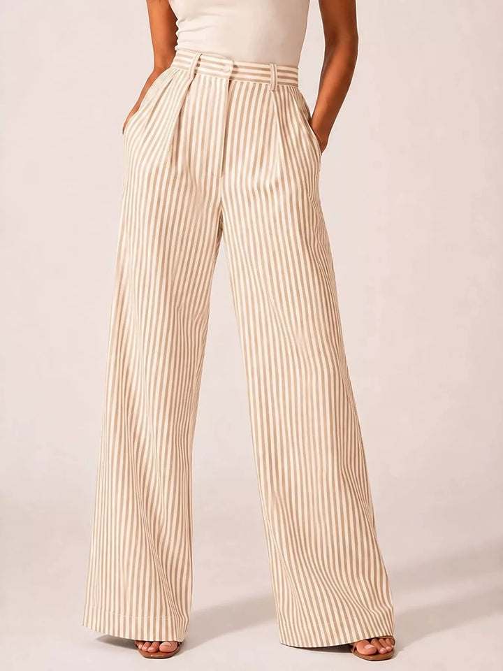 Cream pinstripe high waisted wide leg pants, full length front view
