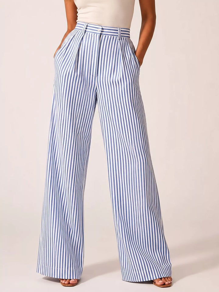 Light blue pinstripe wide leg pants with front pleats, full length front view