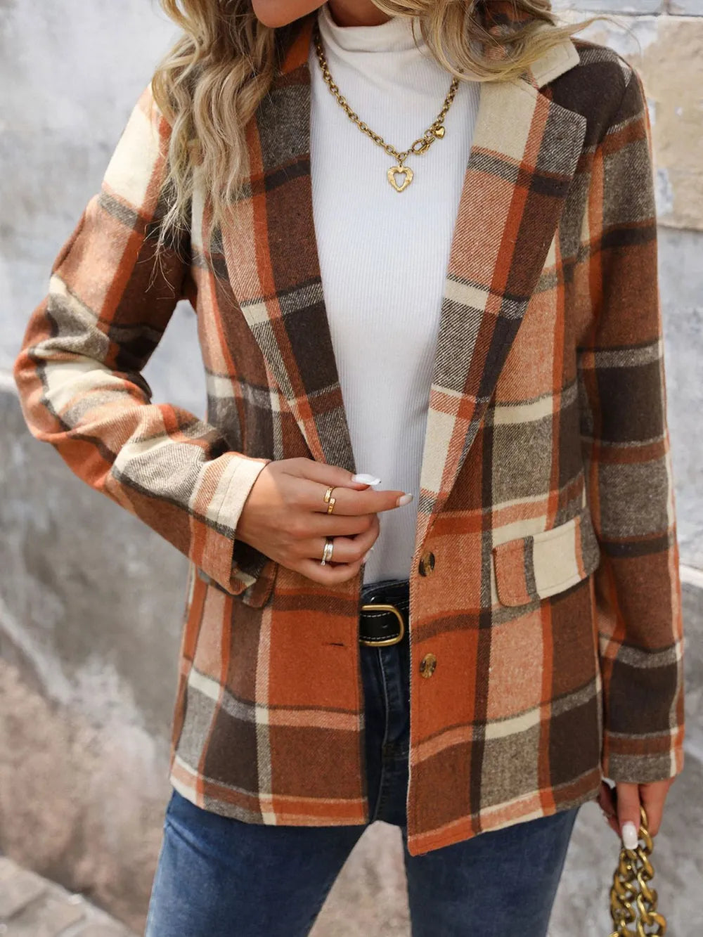 Notch lapel contrast collar brushed in ochre, styled on model