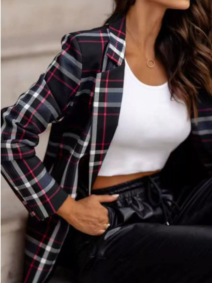 Notch lapels button front lined in black, styled on model