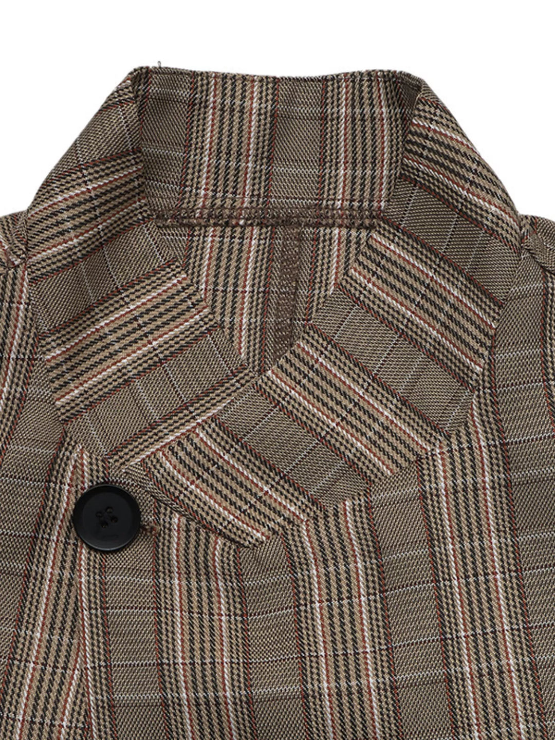 Close-up of the plaid blazer stand collar and single black button