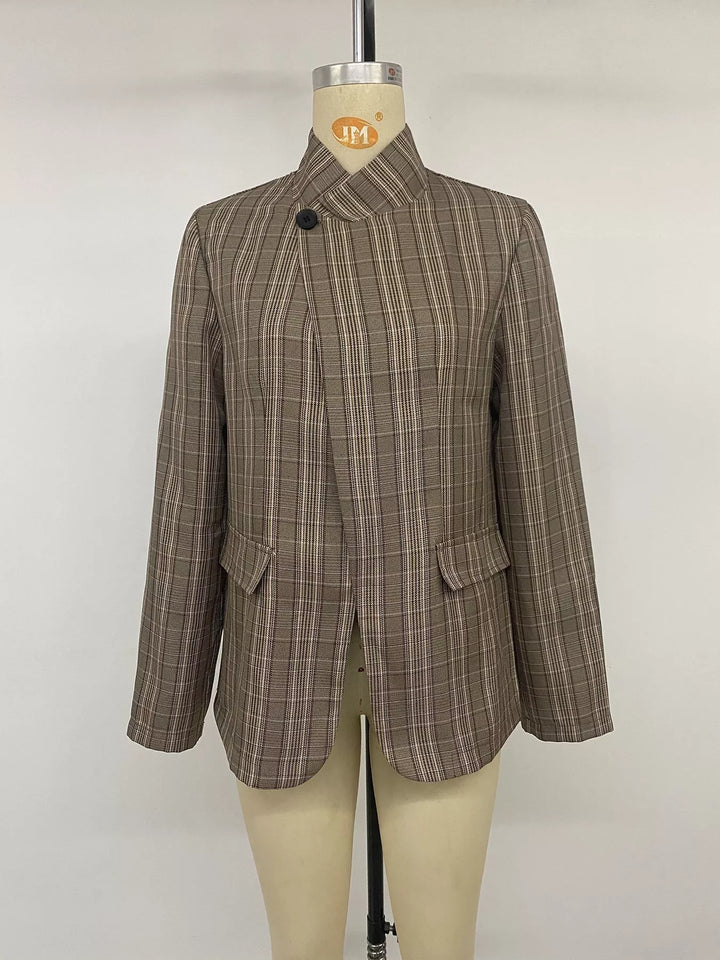 Mocha plaid blazer front view on a mannequin with flap pockets