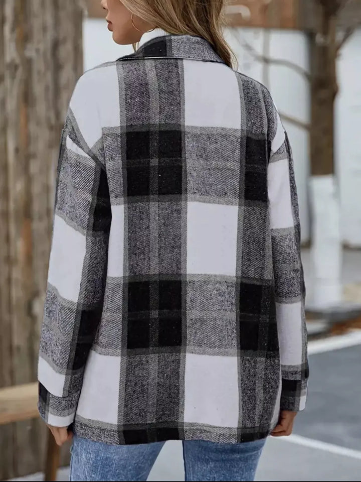 Back view of the black and white plaid shacket
