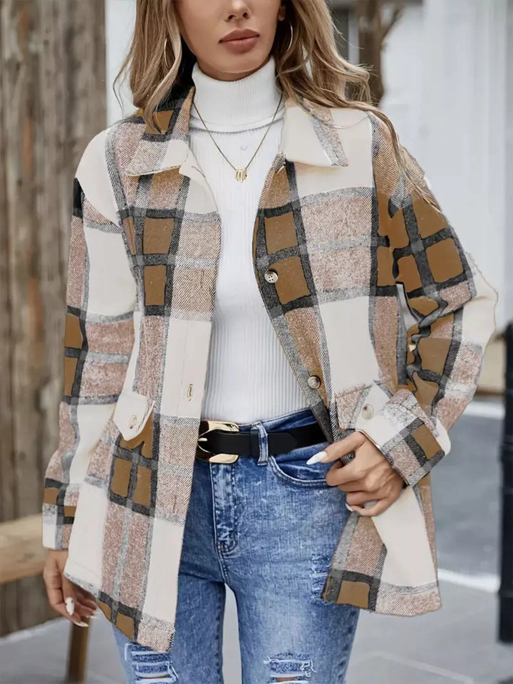 Camel plaid shacket with chest pockets, front view styled with a belt