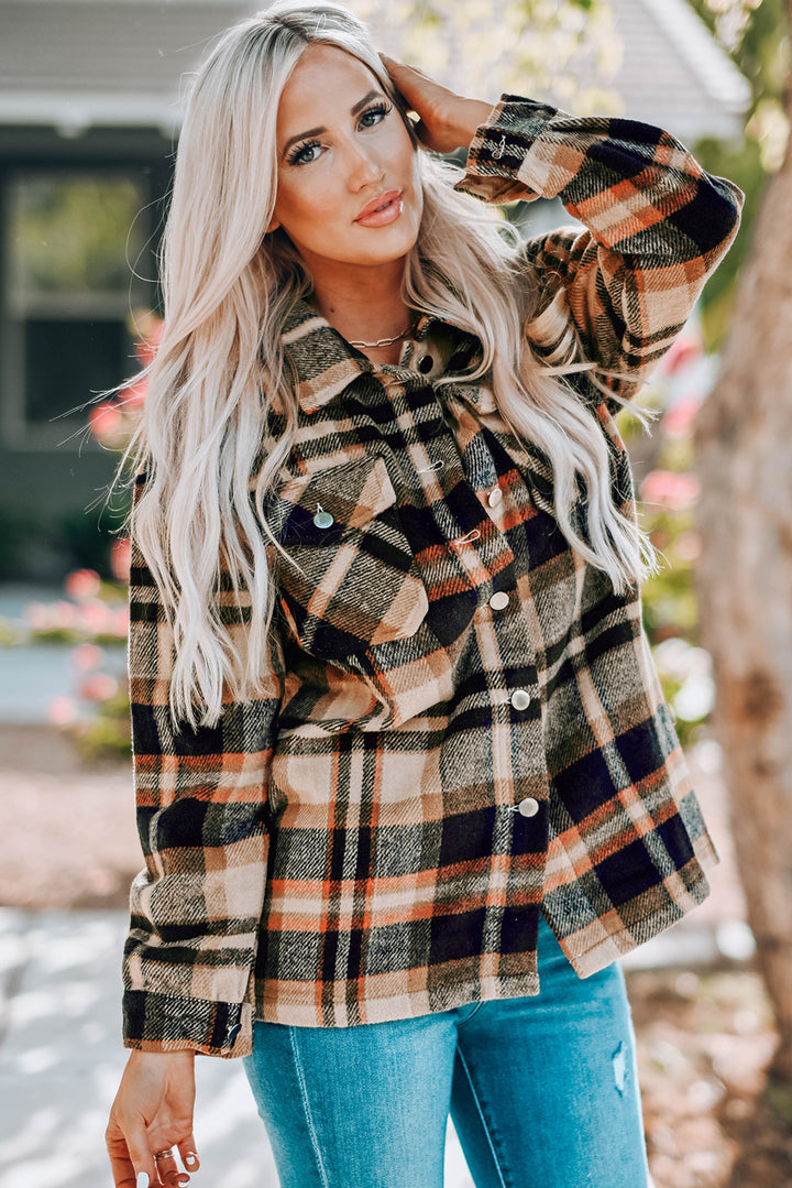 Oversized button front chest pockets in khaki, styled on model