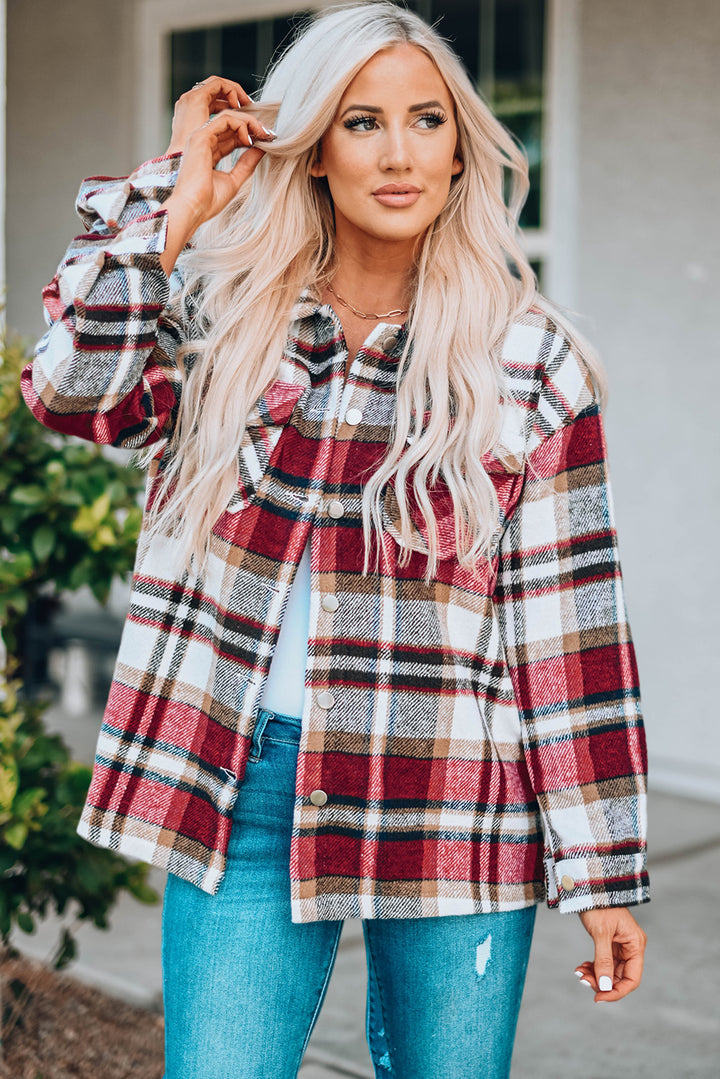 Oversized button front chest pockets in red, front view