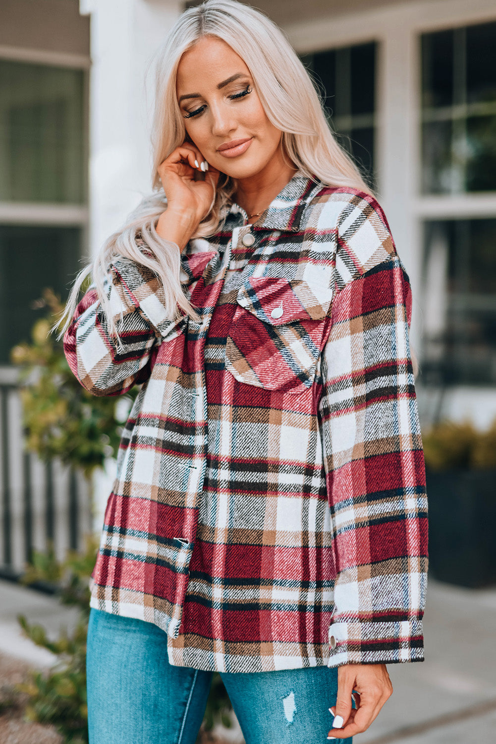 Oversized button front chest pockets in red, styled on model