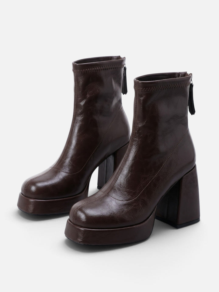 Women's platform ankle boots in dark brown with chunky block heel and back zip