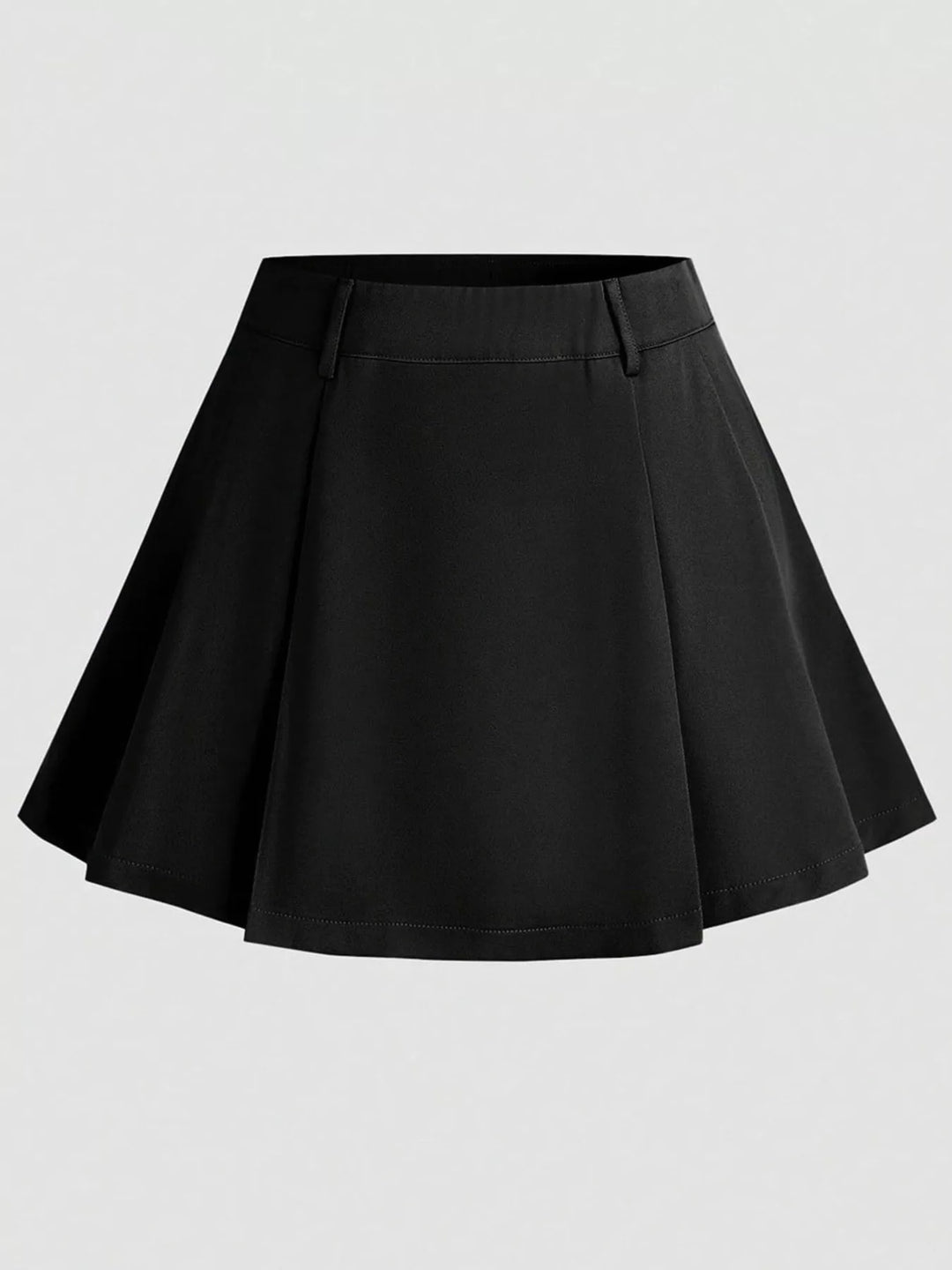 Black pleated mini skirt with flat waistband, front view on light gray