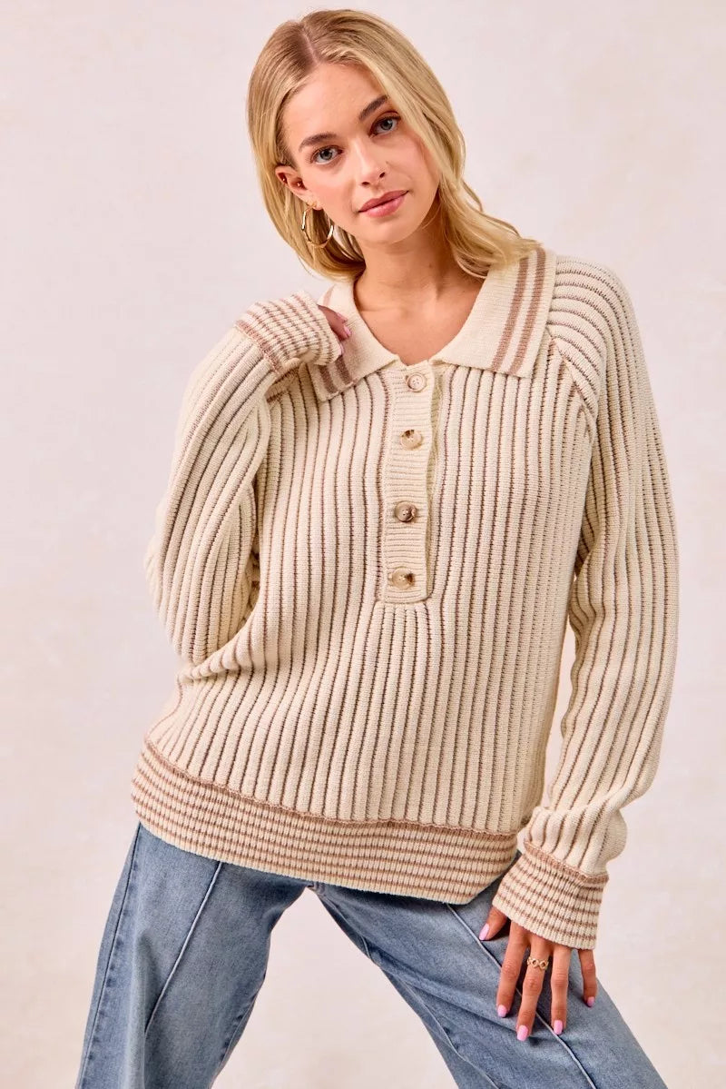 Cream latte ribbed polo sweater styled with wide leg jeans, hand in pocket