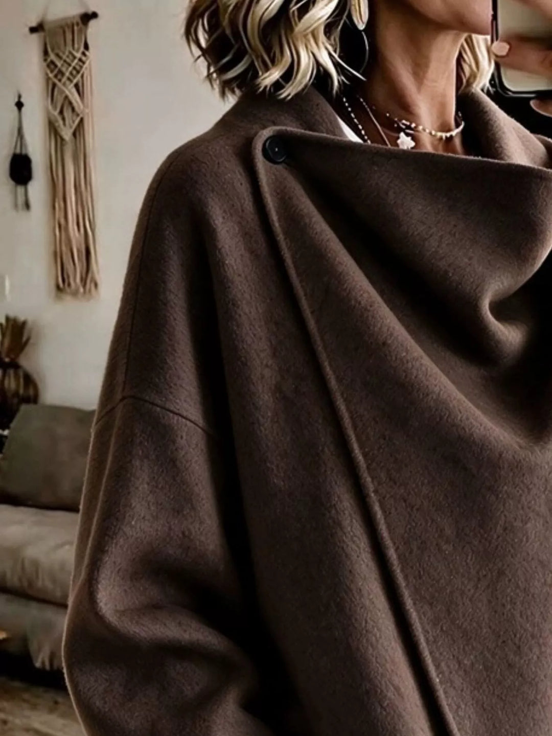 Asymmetric cowl neck draped plus size in coffee brown, close-up detail
