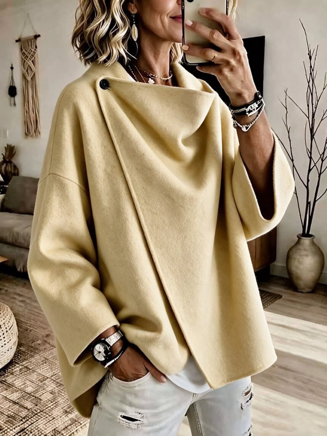 Asymmetric cowl neck draped plus size in light yellow, front view