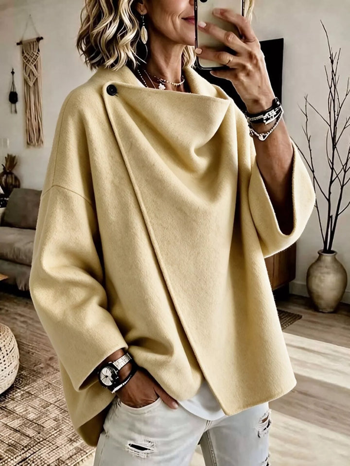 Asymmetric cowl neck draped plus size in light yellow, front view