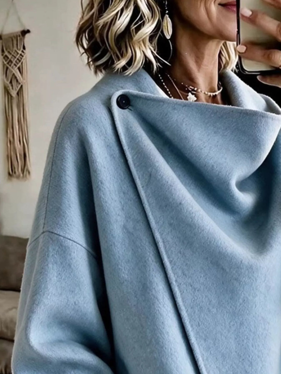 Asymmetric cowl neck draped plus size in sky blue, close-up detail