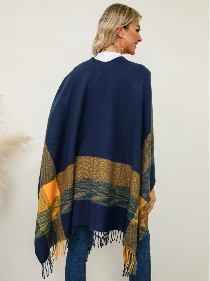 Plaid fringe hem open front in navy, back view