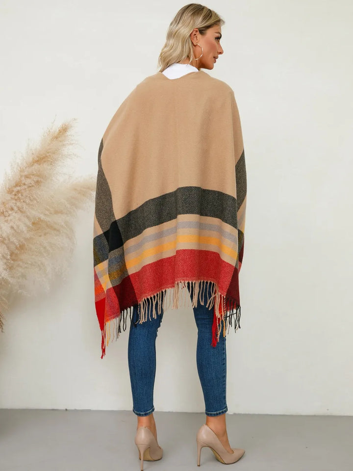 Plaid fringe hem open front in sherbet, back view