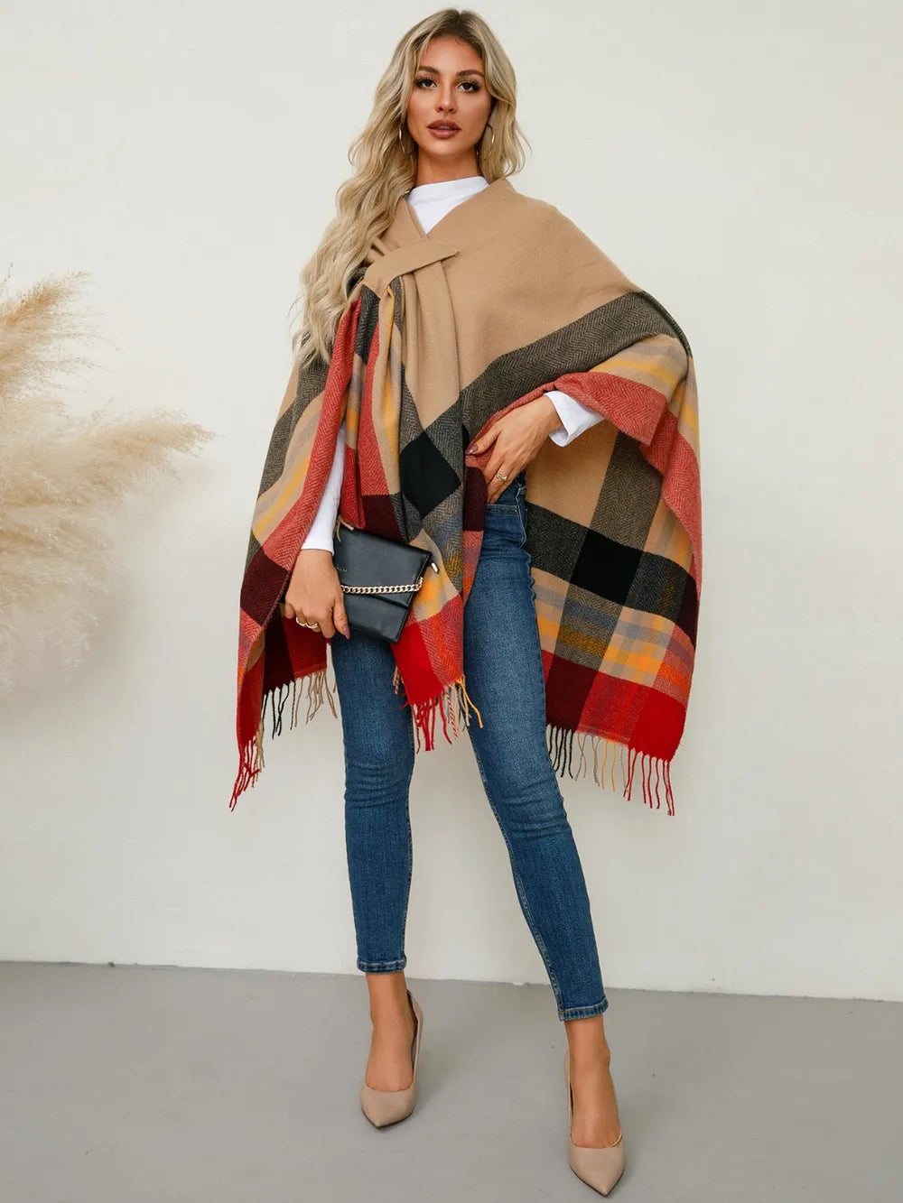 Plaid fringe hem open front in sherbet, front view 2