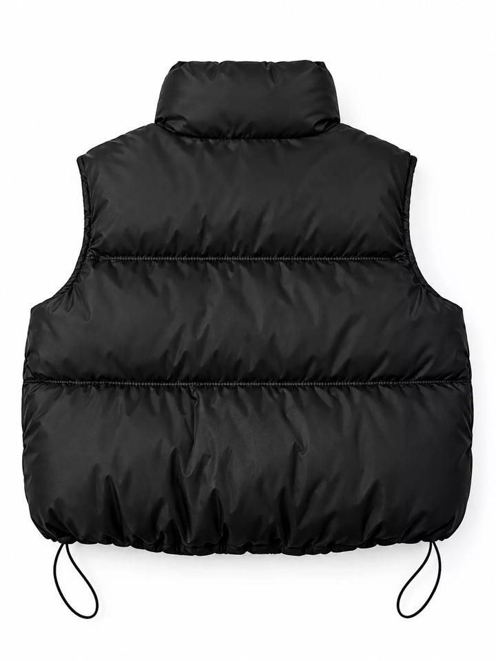 Cropped quilted stand collar drawstring hem in black, back view