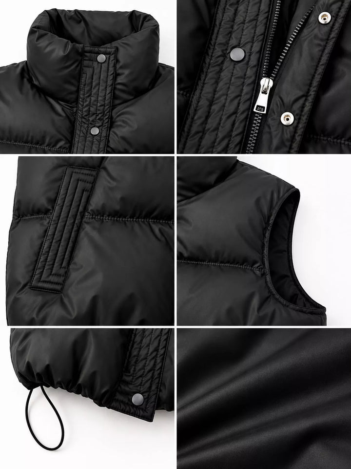 Cropped quilted stand collar drawstring hem in black, close-up detail