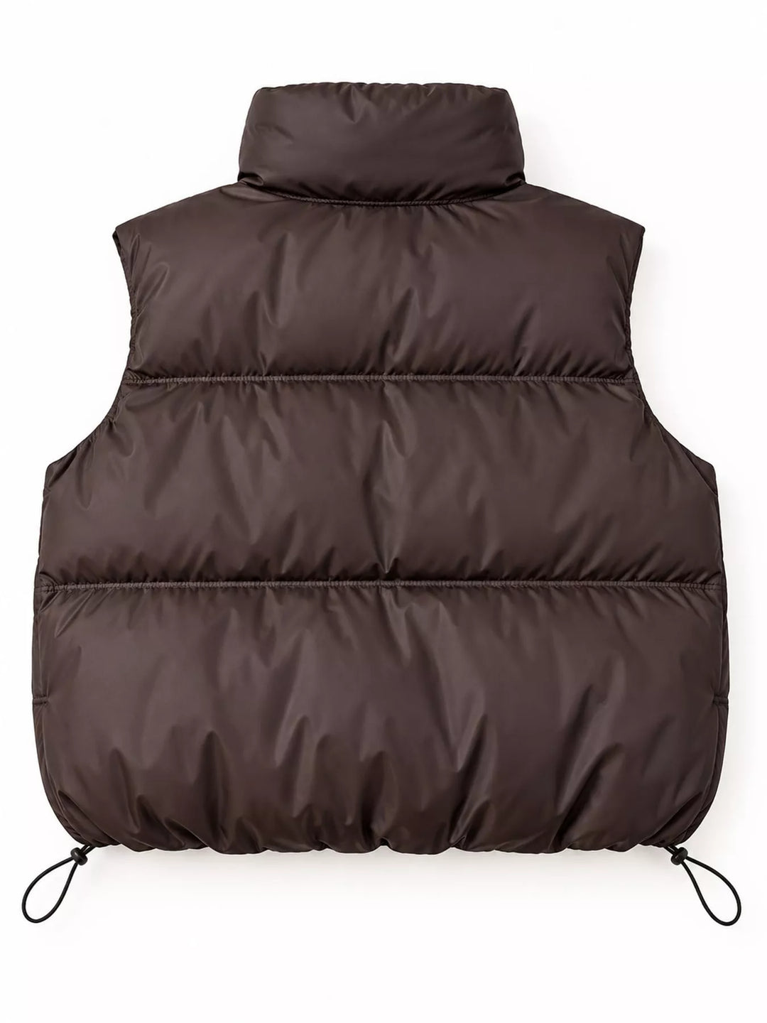 Cropped quilted stand collar drawstring hem in coffee, back view