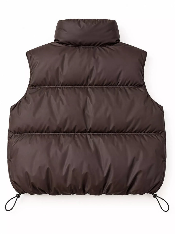 Cropped quilted stand collar drawstring hem in coffee, back view
