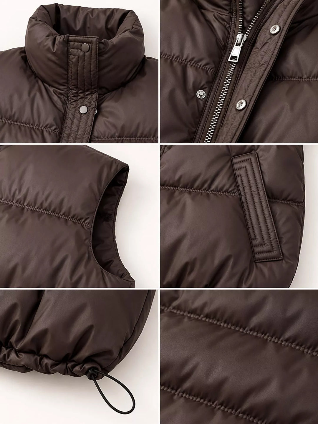 Cropped quilted stand collar drawstring hem in coffee, close-up detail