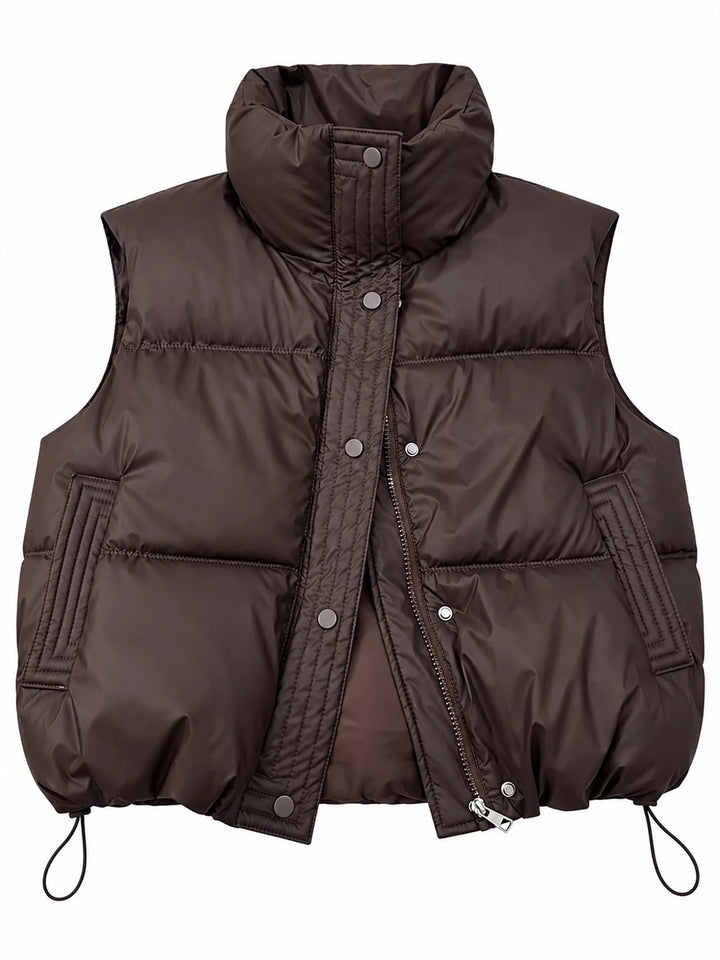 Cropped quilted stand collar drawstring hem in coffee, flat lay
