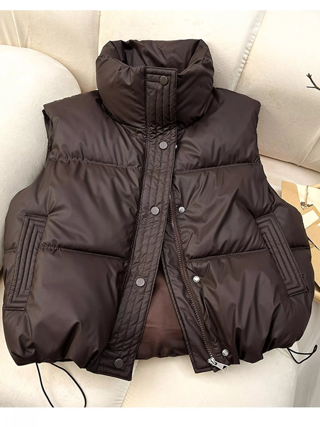 Cropped quilted stand collar drawstring hem in coffee, styled on model
