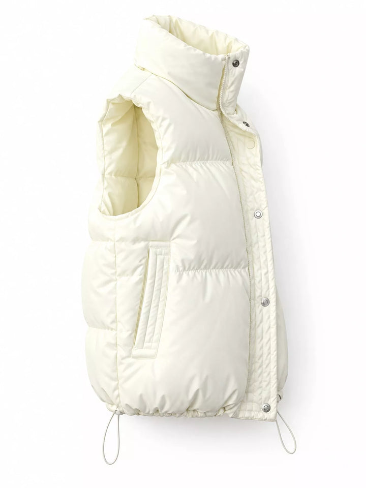 Cropped quilted stand collar drawstring hem in white, flat lay 2