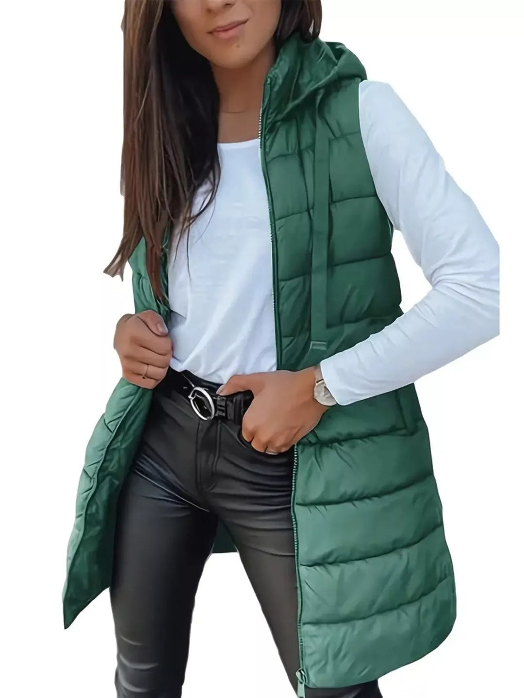 Emerald green hooded quilted vest, longline fit, worn open over a white top