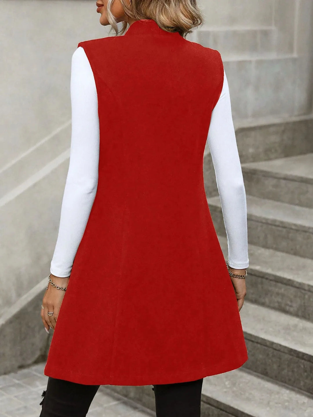 Longline stand collar button side pockets in red, back view