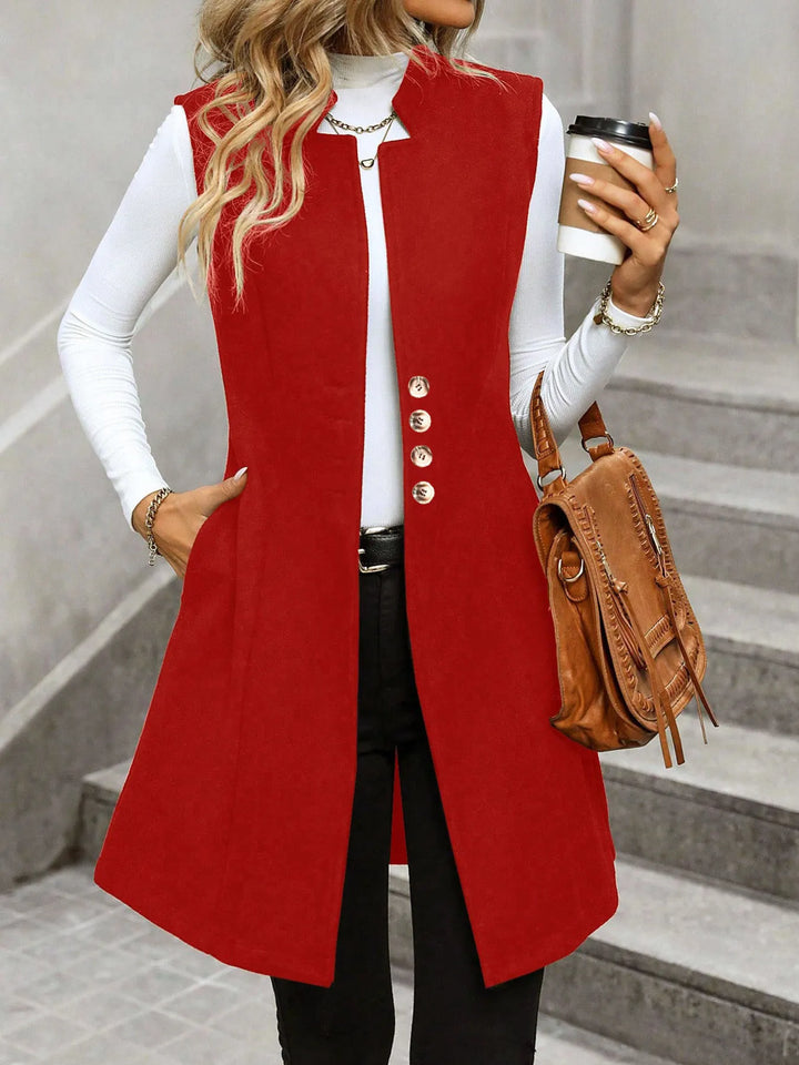 Longline stand collar button side pockets in red, front view