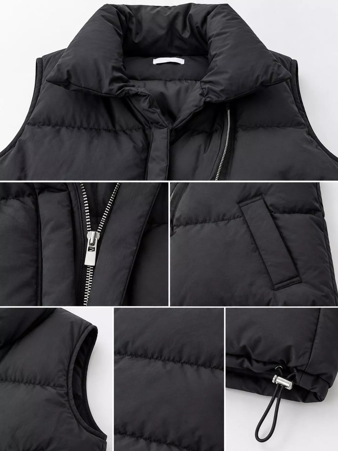 Quilted stand collar zip front in black, close-up detail