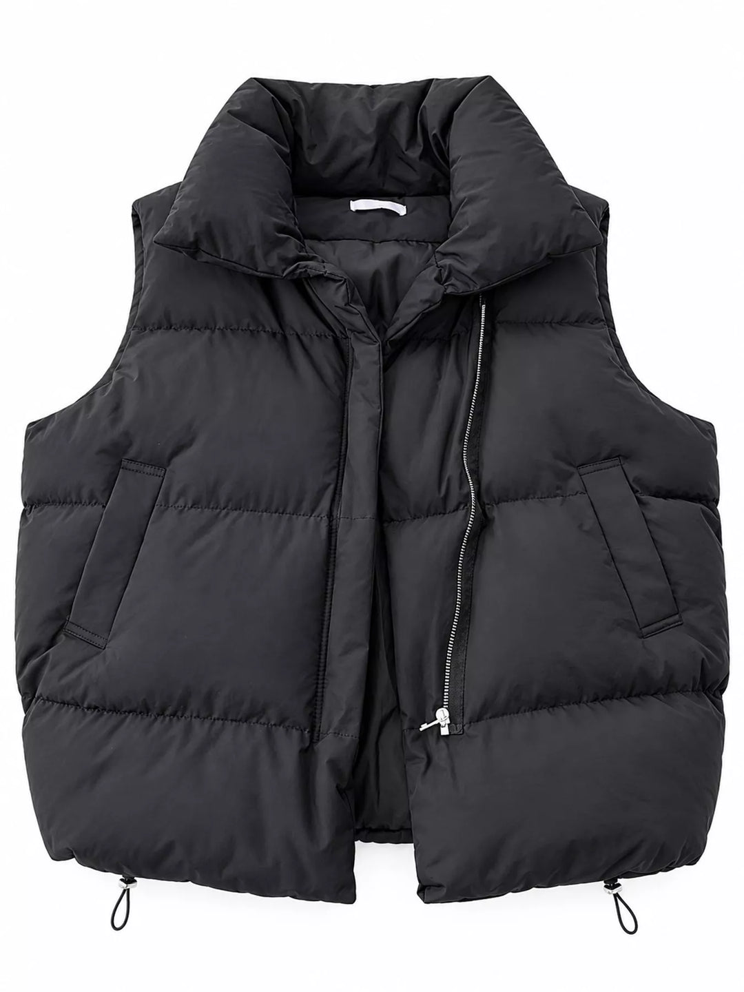 Quilted stand collar zip front in black, front view