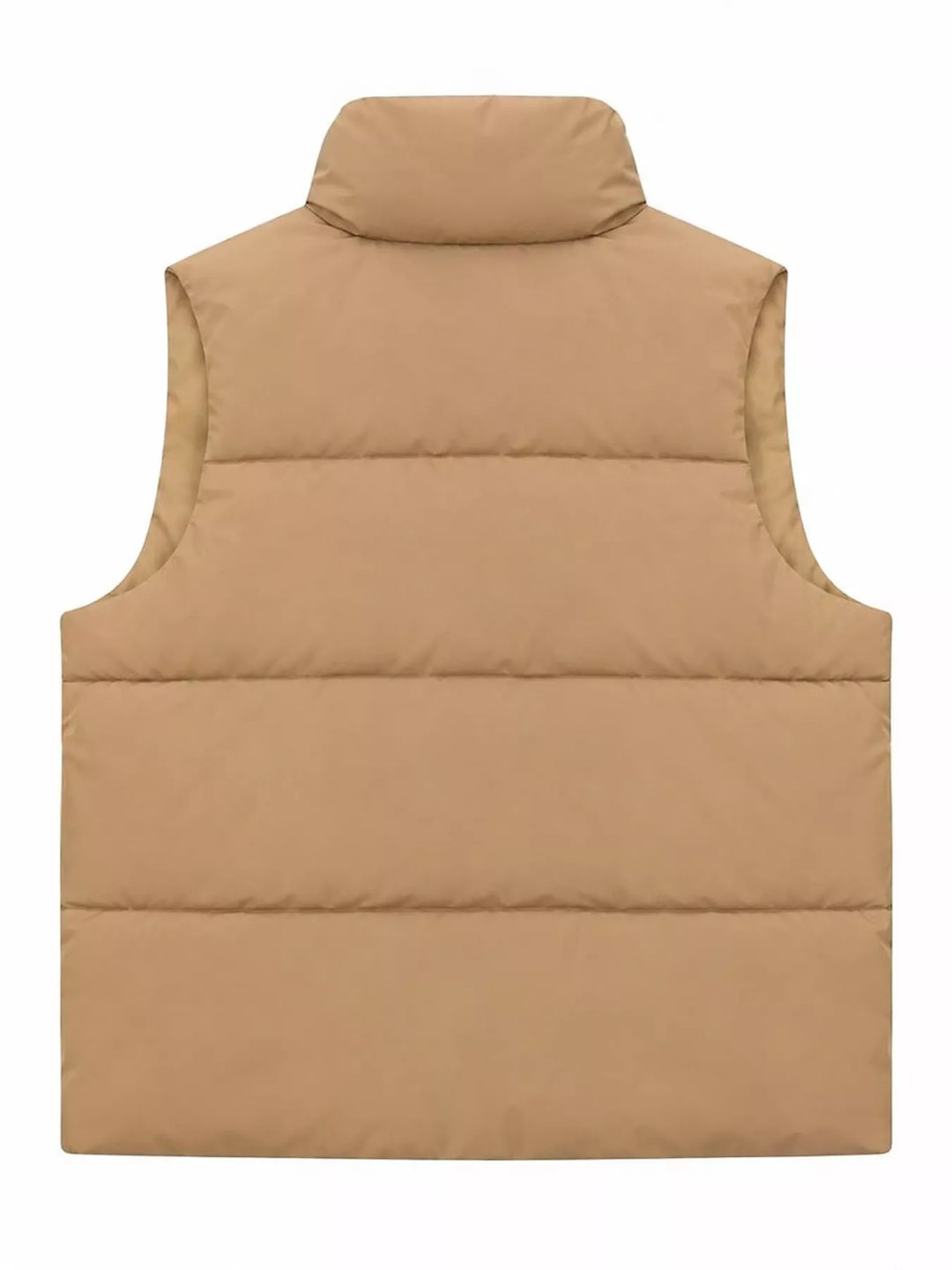 Quilted stand collar zip front in khaki, back view