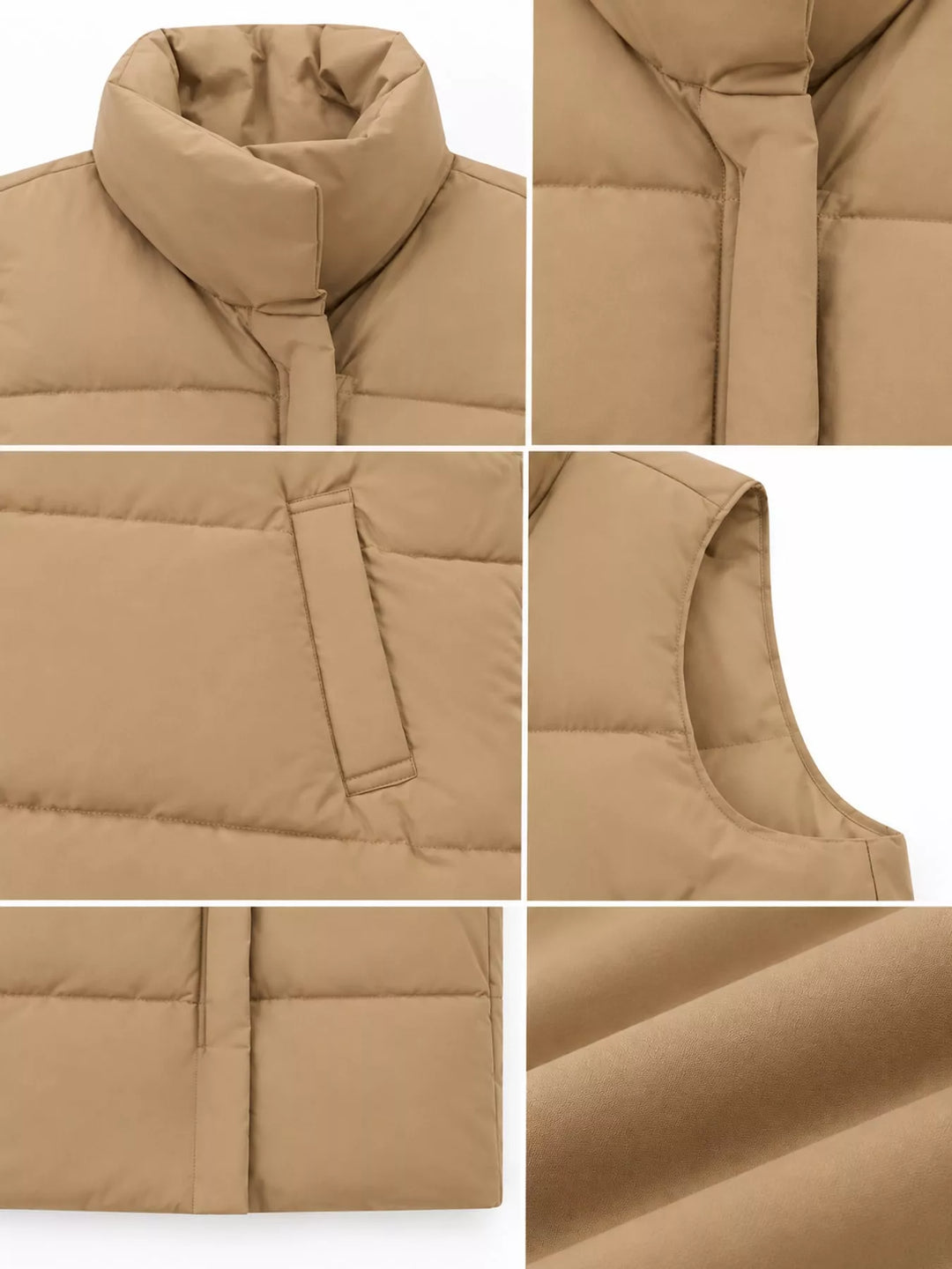 Quilted stand collar zip front in khaki, close-up detail