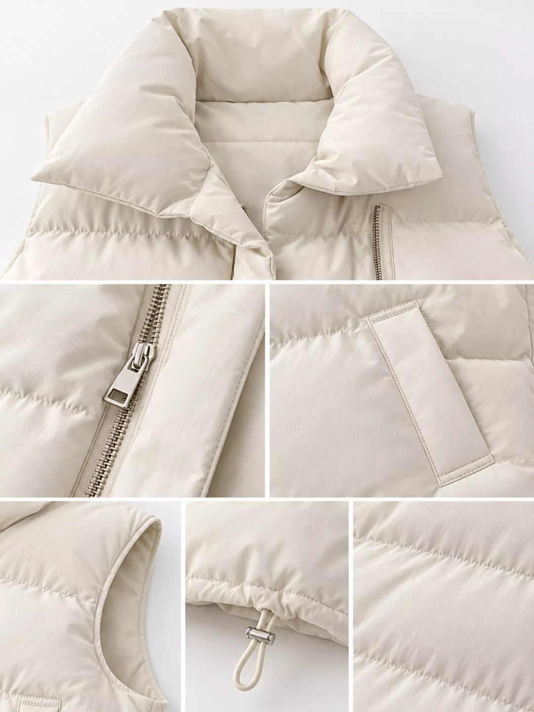 Quilted stand collar zip front in off-white, close-up detail