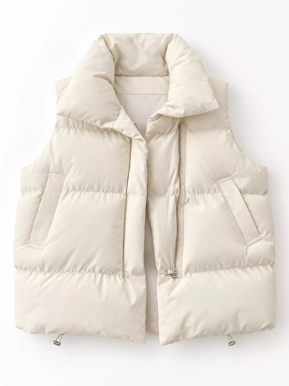 Quilted stand collar zip front in off-white, front view