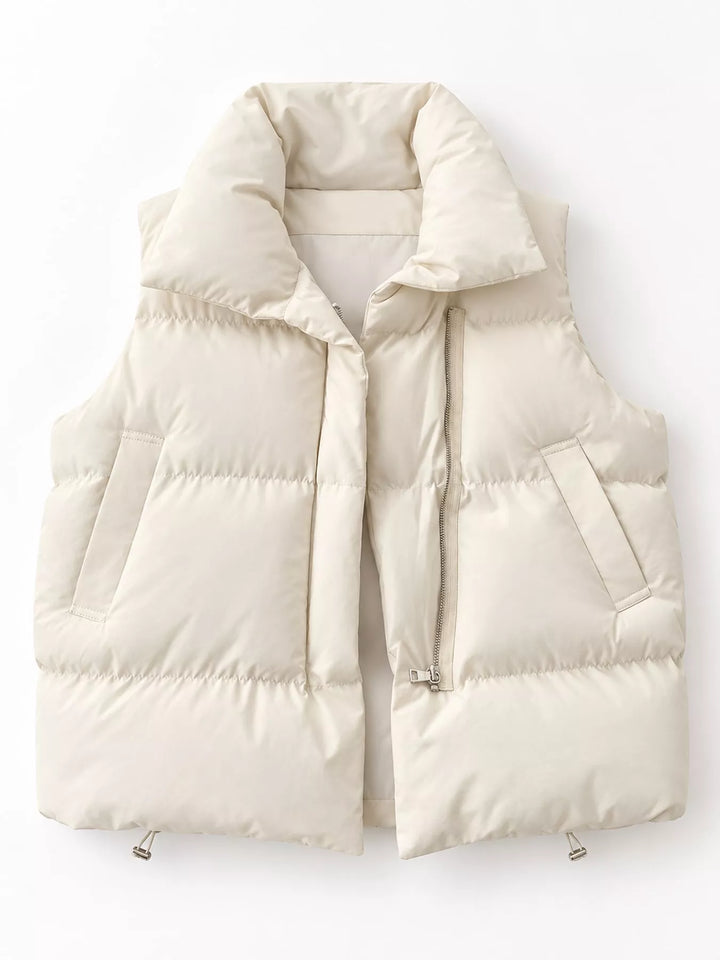 Quilted stand collar zip front in off-white, front view