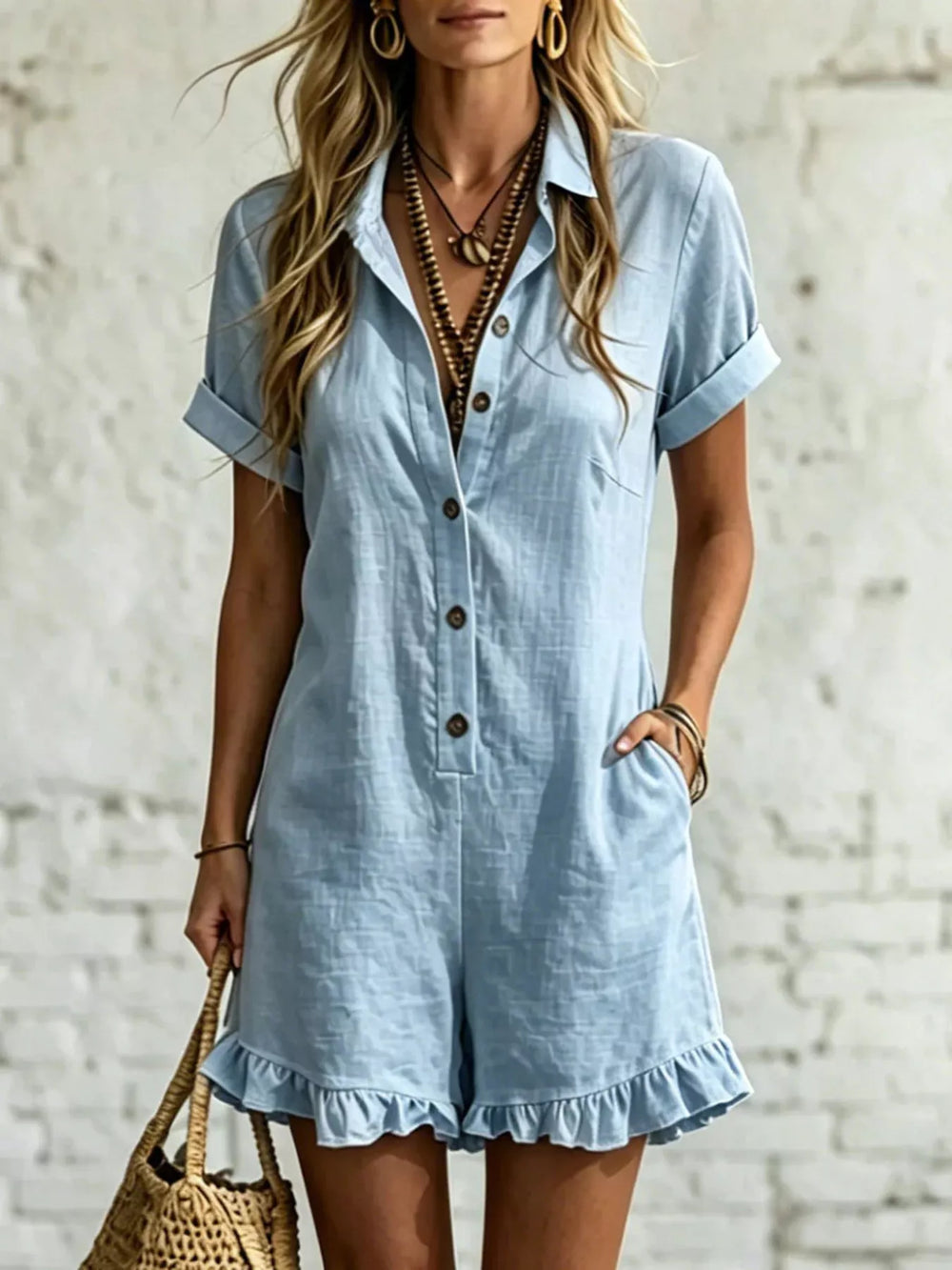 Light blue short sleeve romper with button front and ruffle hem