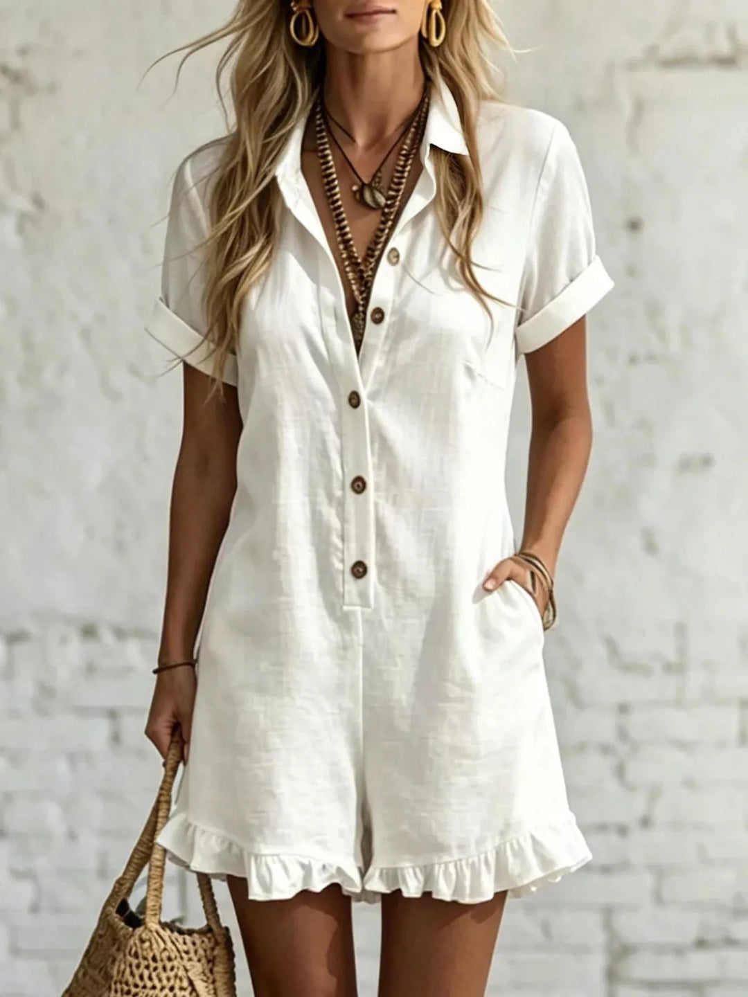 White short sleeve romper with button front, pocket and ruffle hem