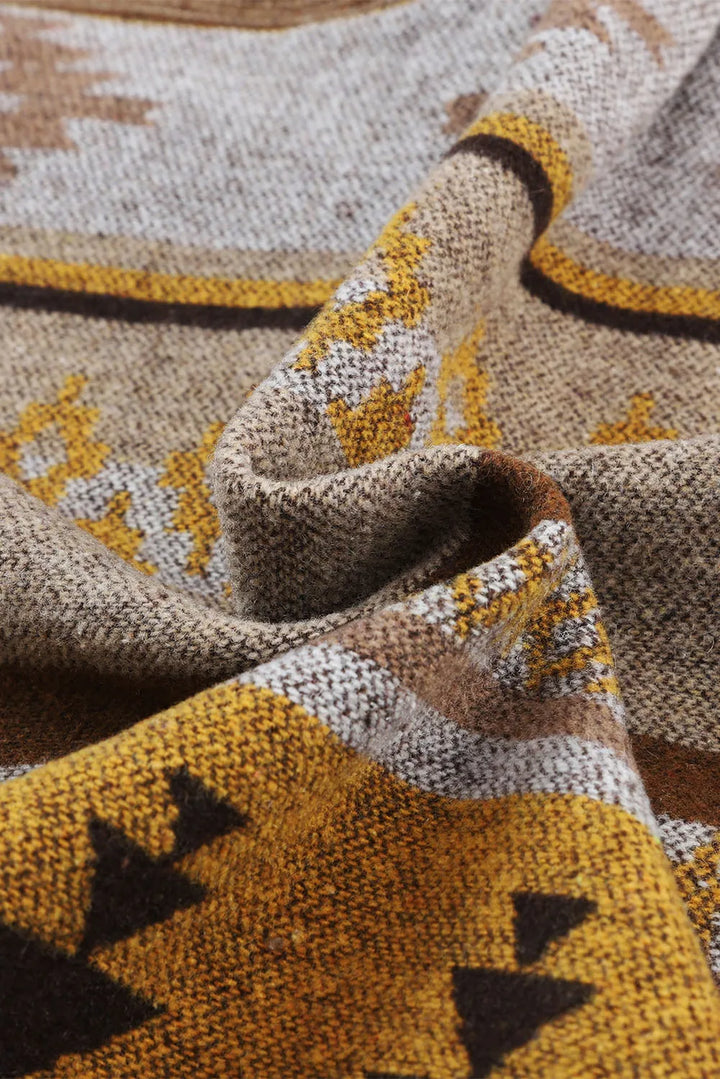 Geometric print button front raw-edge in camel, close-up detail 3