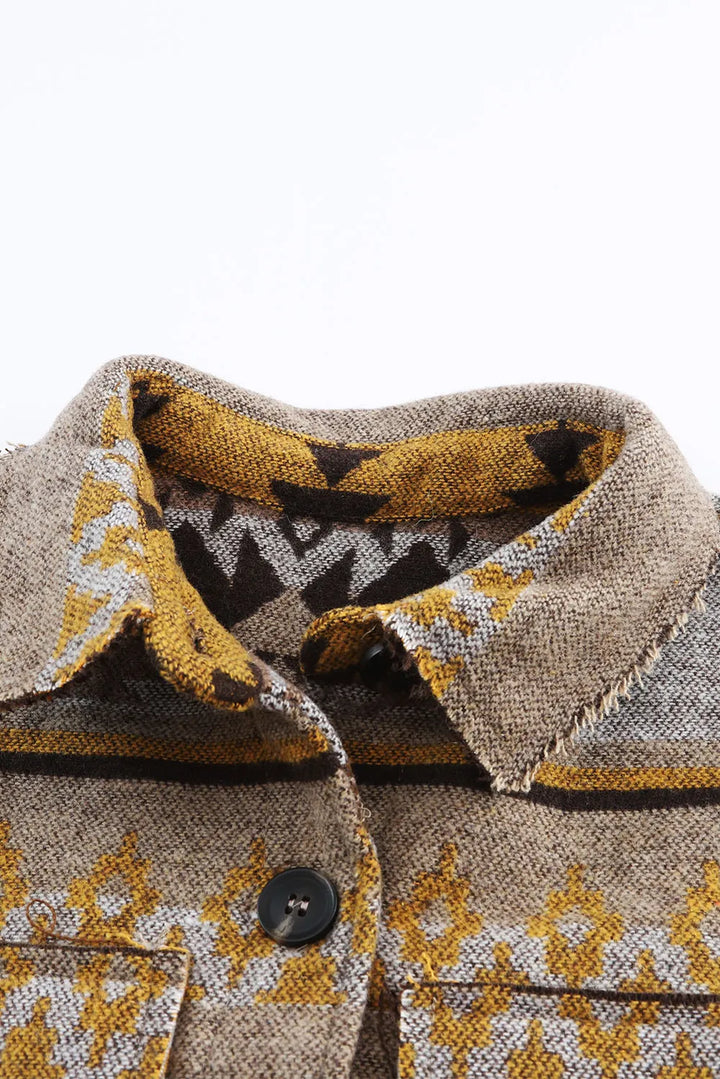 Geometric print button front raw-edge in camel, close-up detail