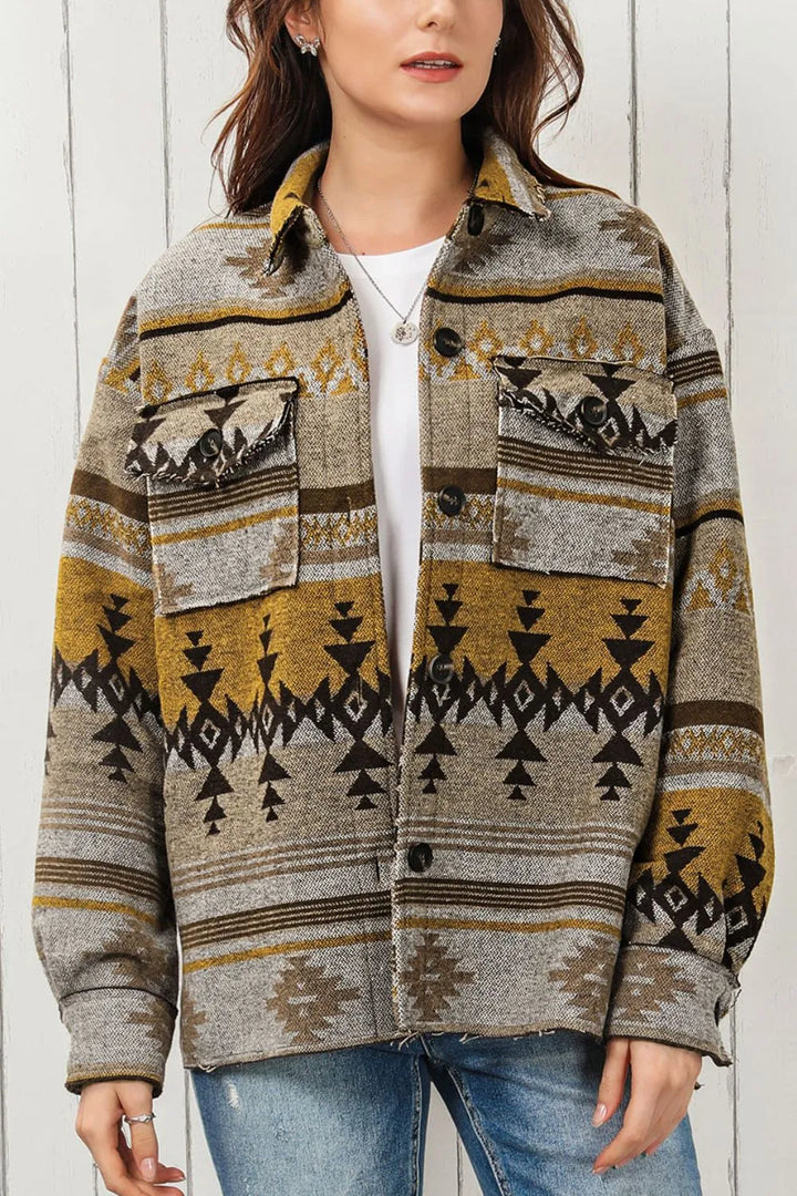 Geometric print button front raw-edge in camel, front view 3