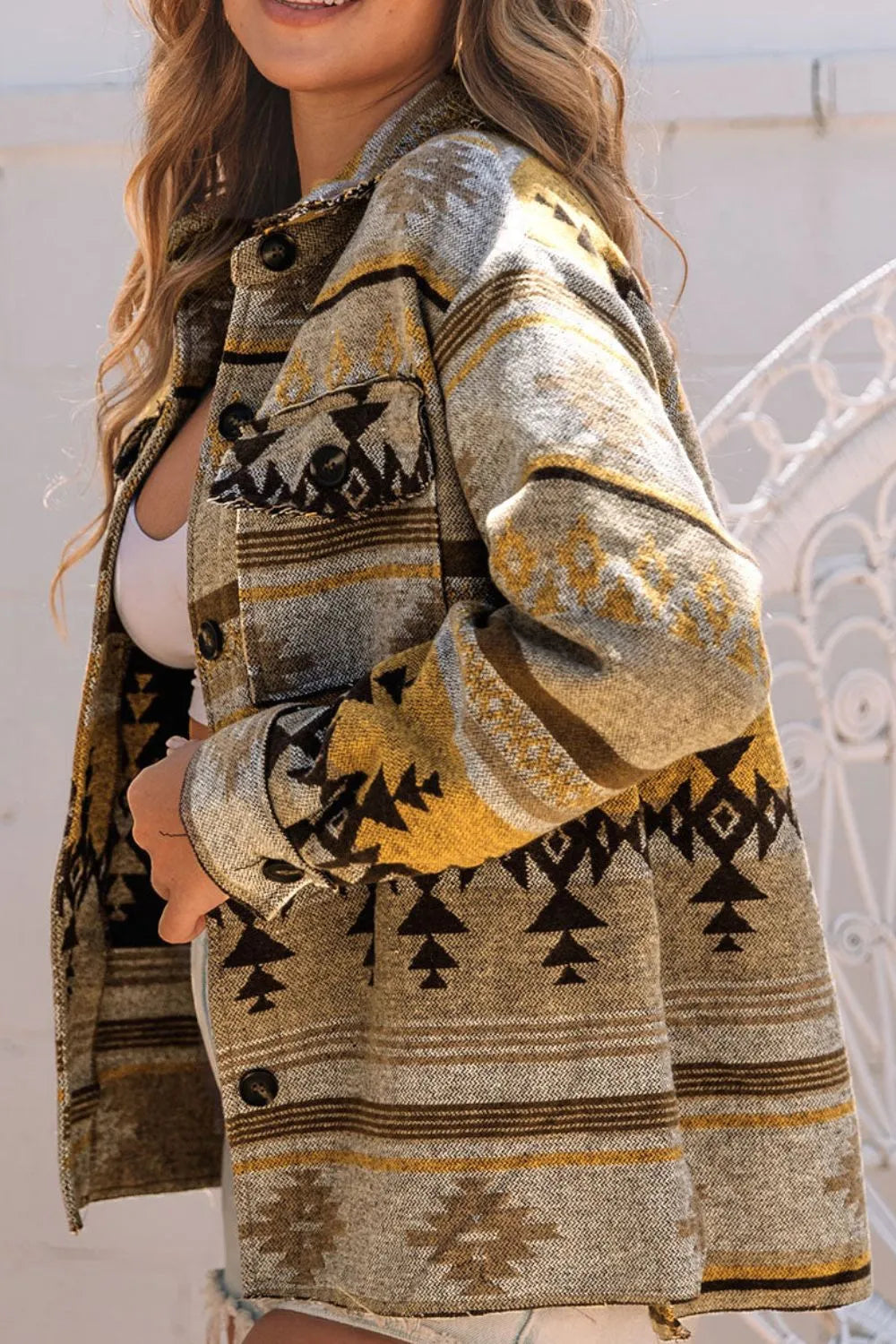 Geometric print button front raw-edge in camel, styled on model
